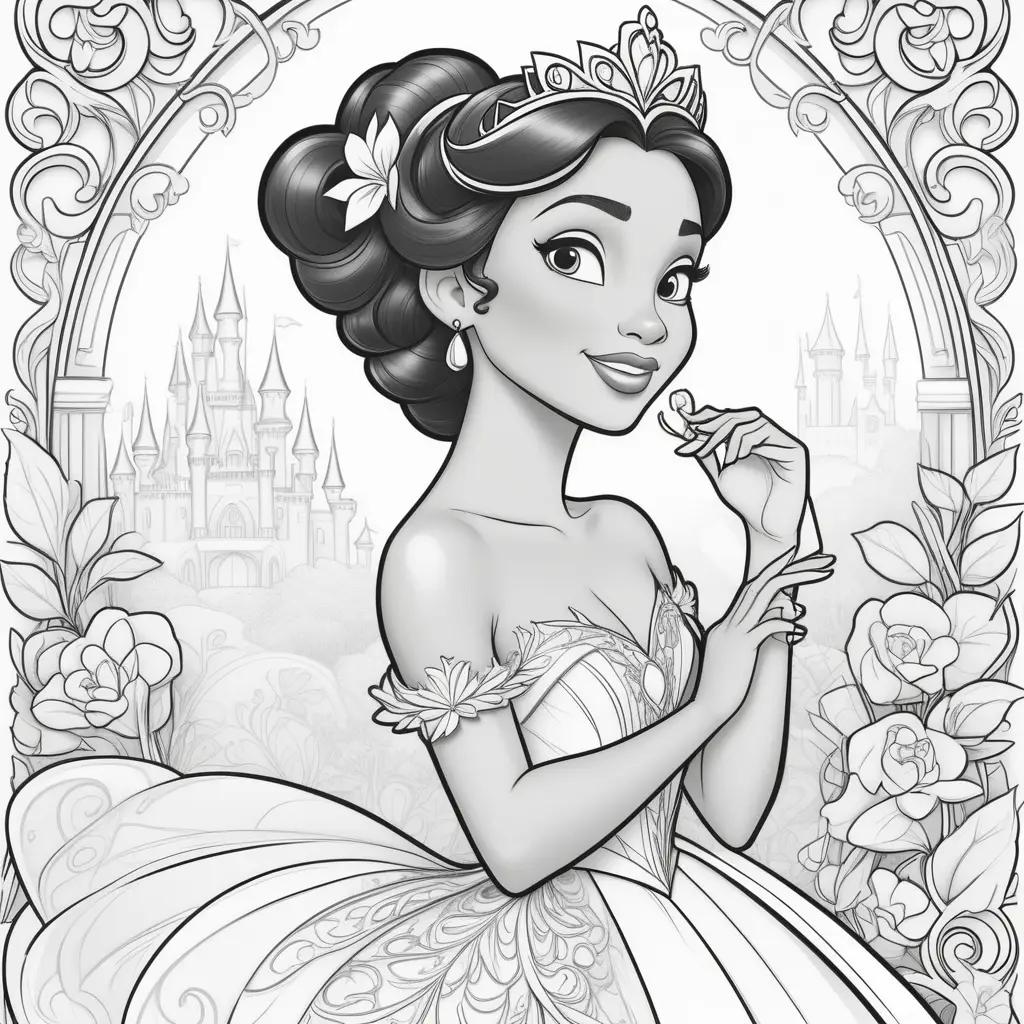 Black and white coloring pages of Tiana, the Disney princess