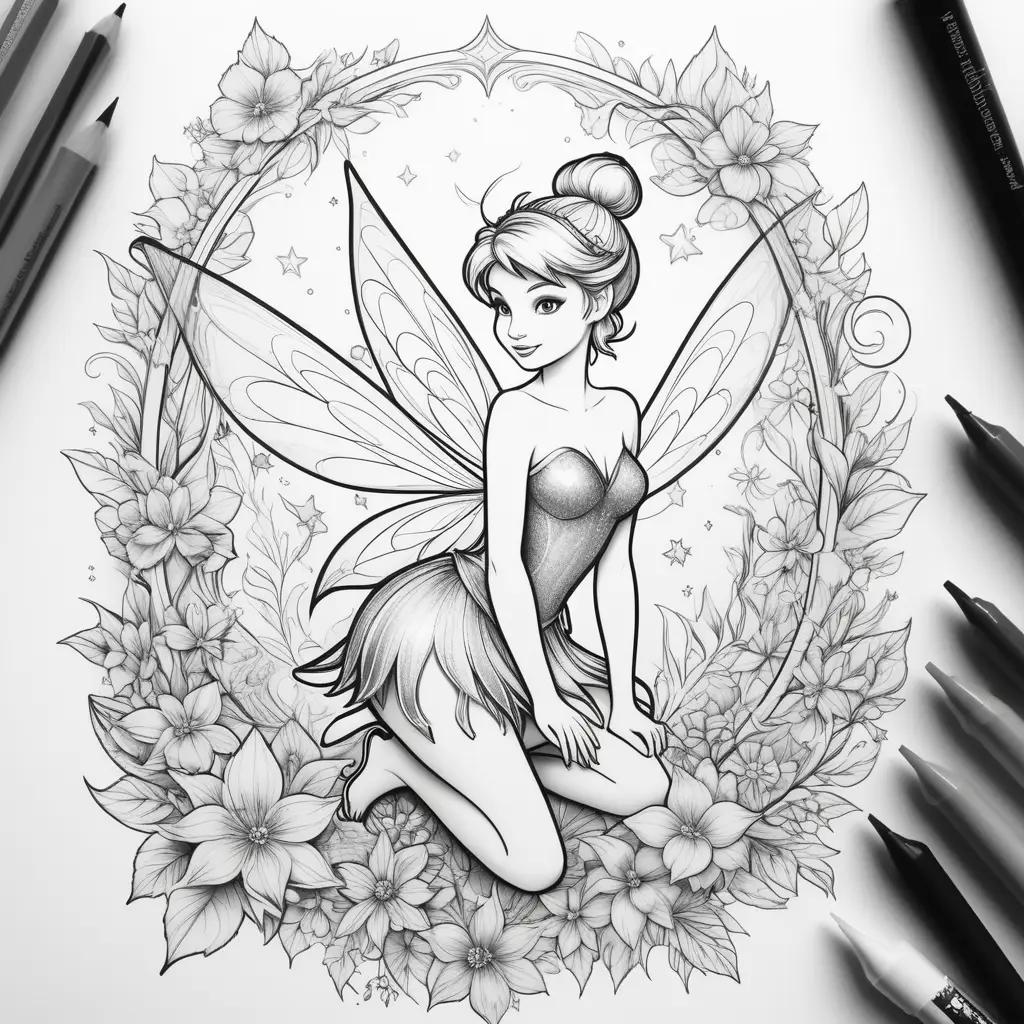 Black and white coloring pages of Tinkerbell fairy