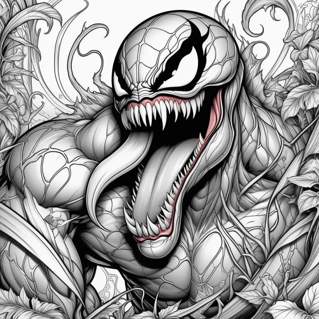 Black and white coloring pages of Venom with a tongue out