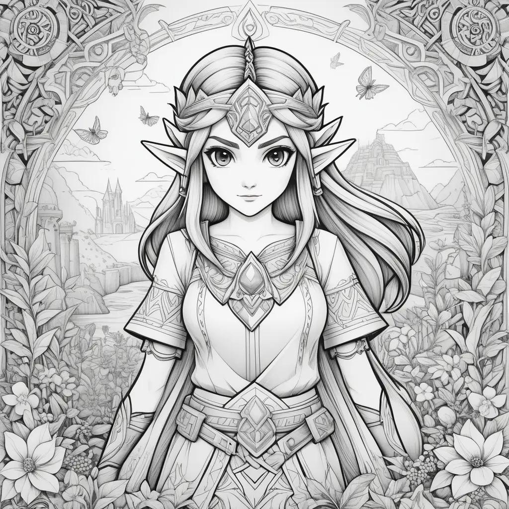 Black and white coloring pages of Zelda character