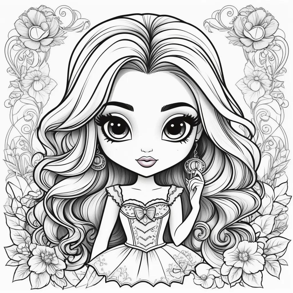 Black and white coloring pages of a Bratz doll