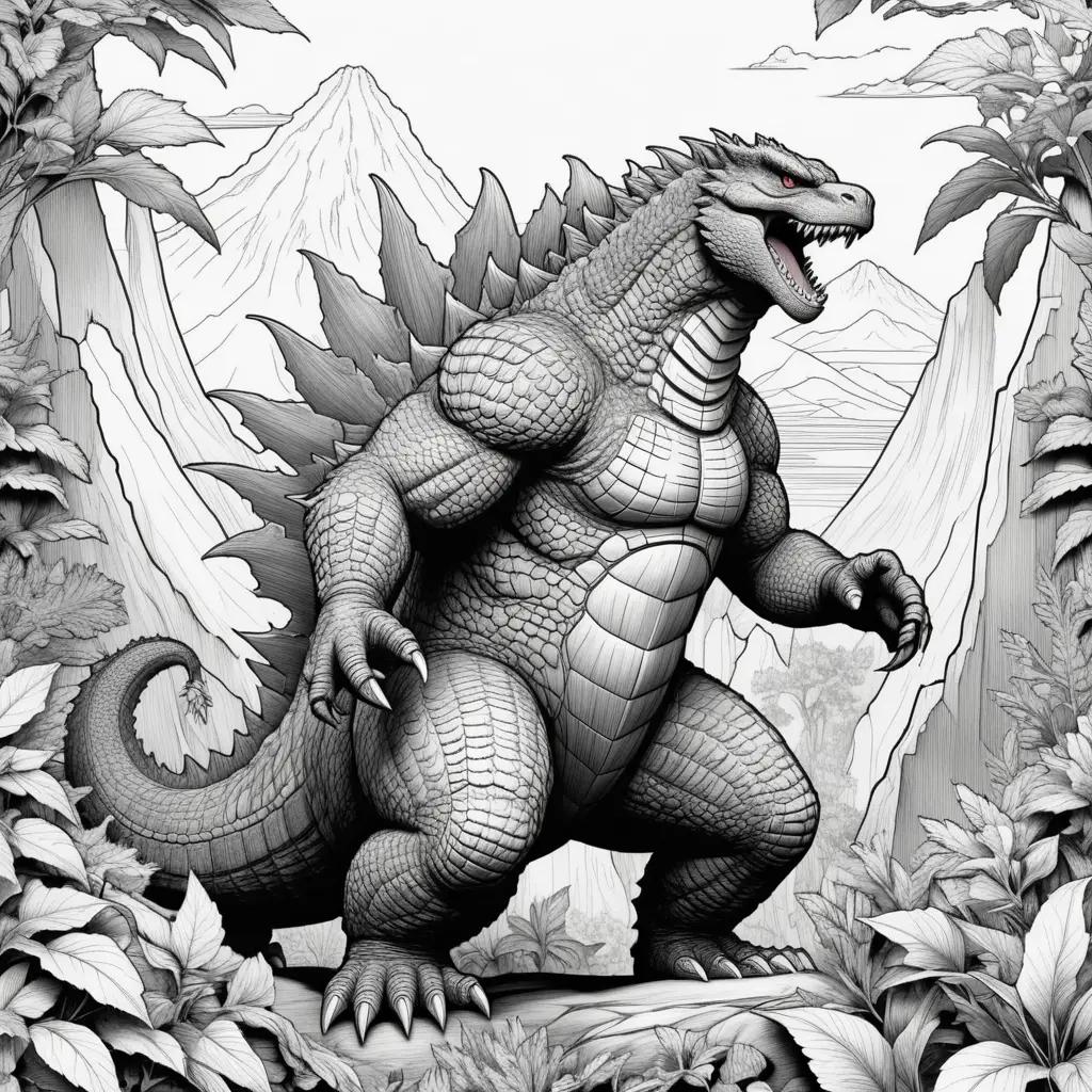 Black and white coloring pages of a Godzilla