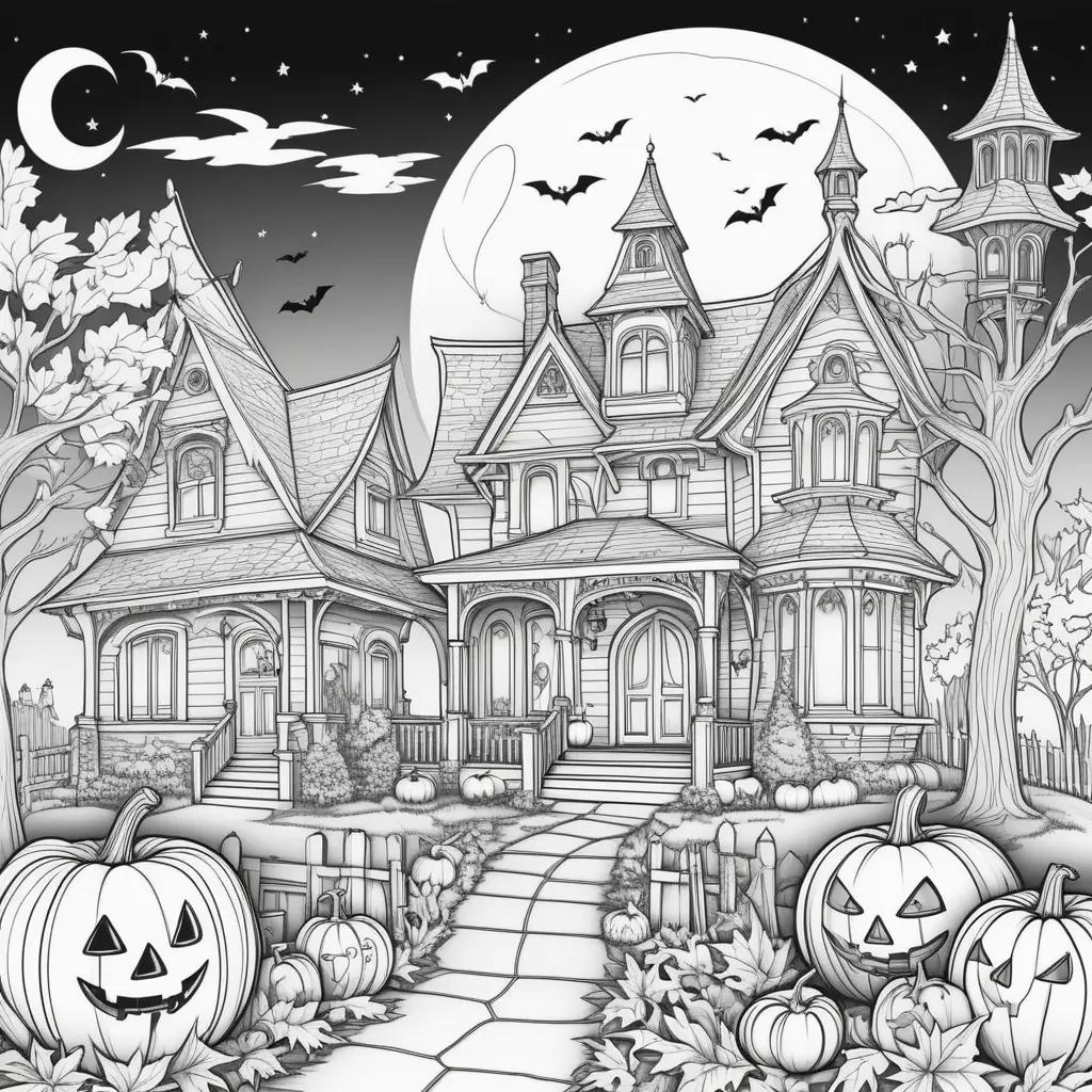 Black and white coloring pages of a Halloween house