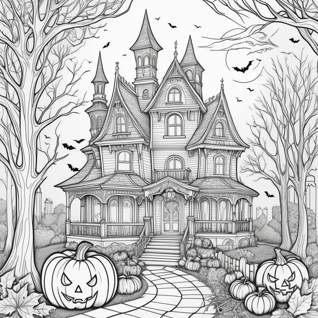 Black and white coloring pages of a Halloween house and pumpkins