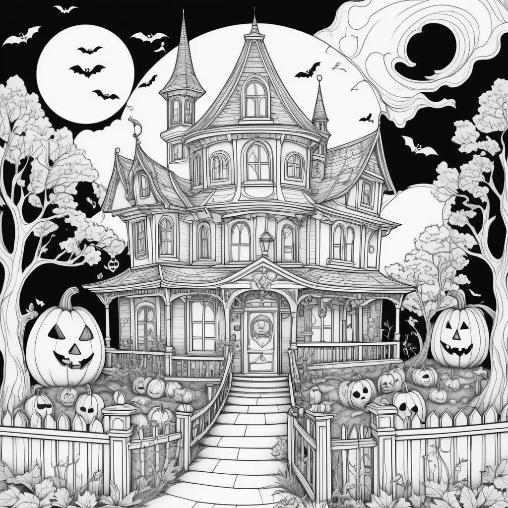 Black and white coloring pages of a Halloween house