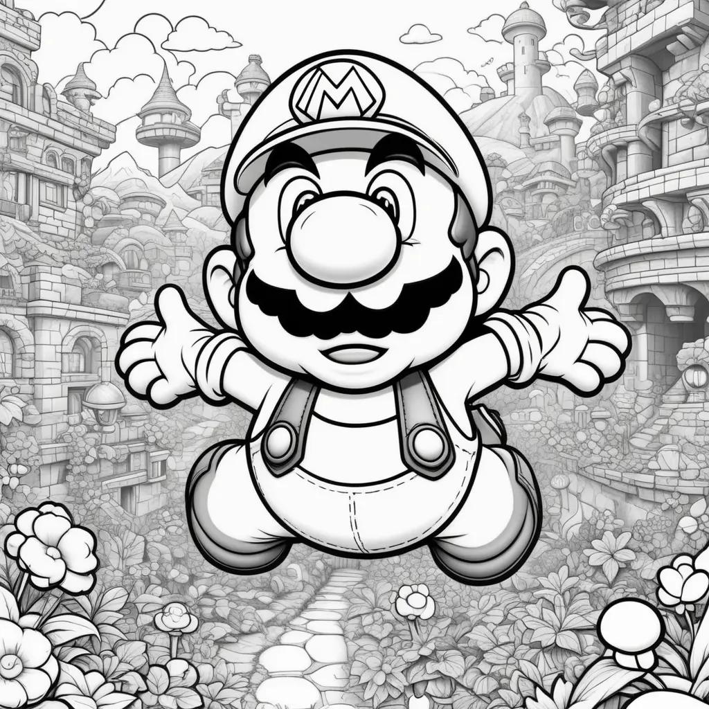 Black and white coloring pages of a Mario character