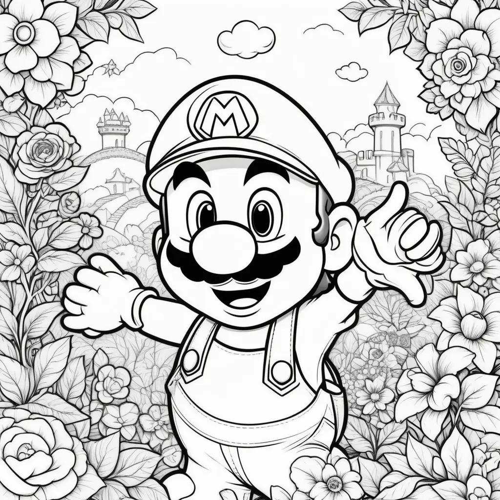 Black and white coloring pages of a Mario character in a castle