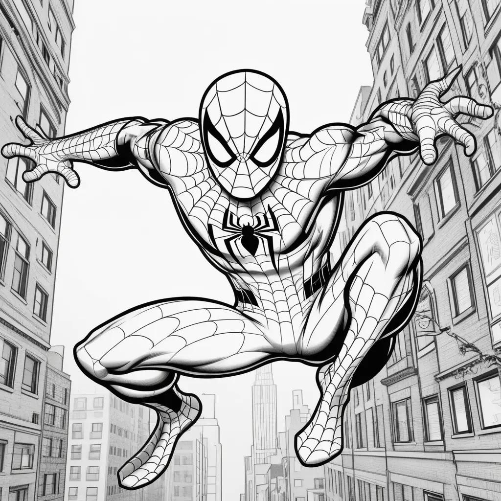 Black and white coloring pages of a Spiderman jumping