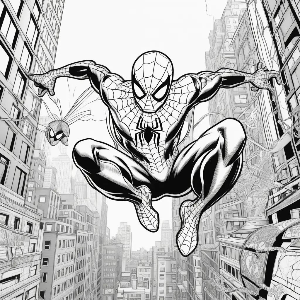 Black and white coloring pages of a Spiderman jumping through a cityscape