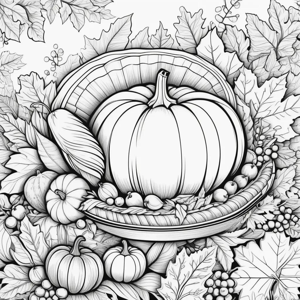 Black and white coloring pages of a Thanksgiving feast