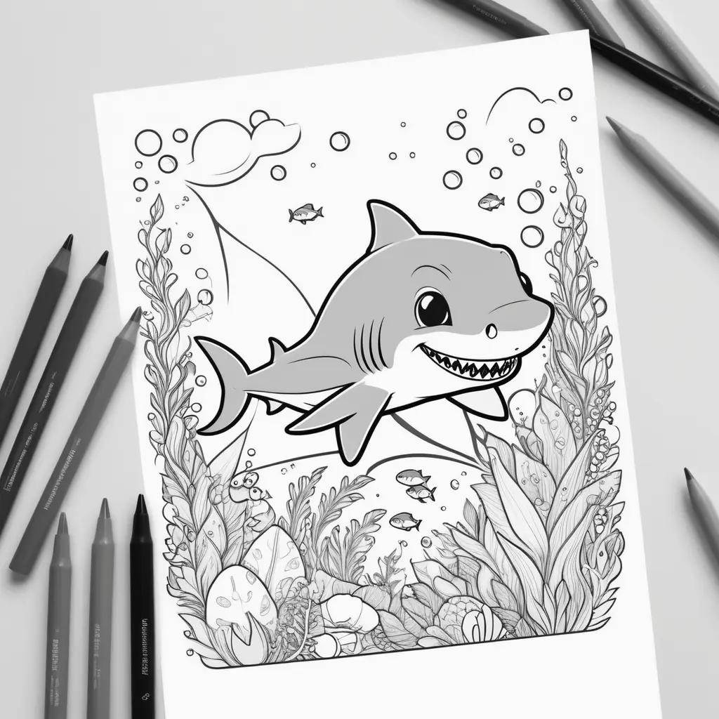 Black and white coloring pages of a baby shark