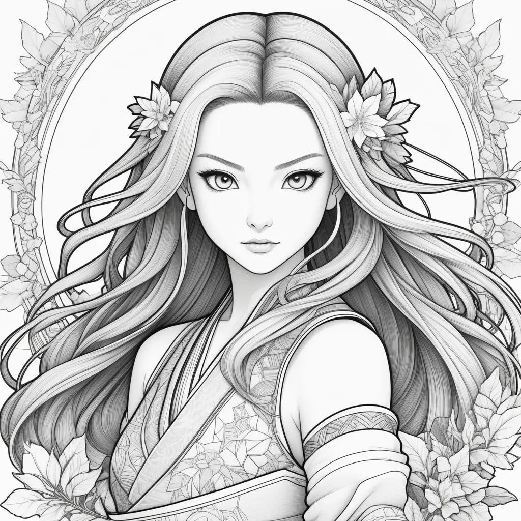 Black and white coloring pages of a beautiful woman with a flower crown