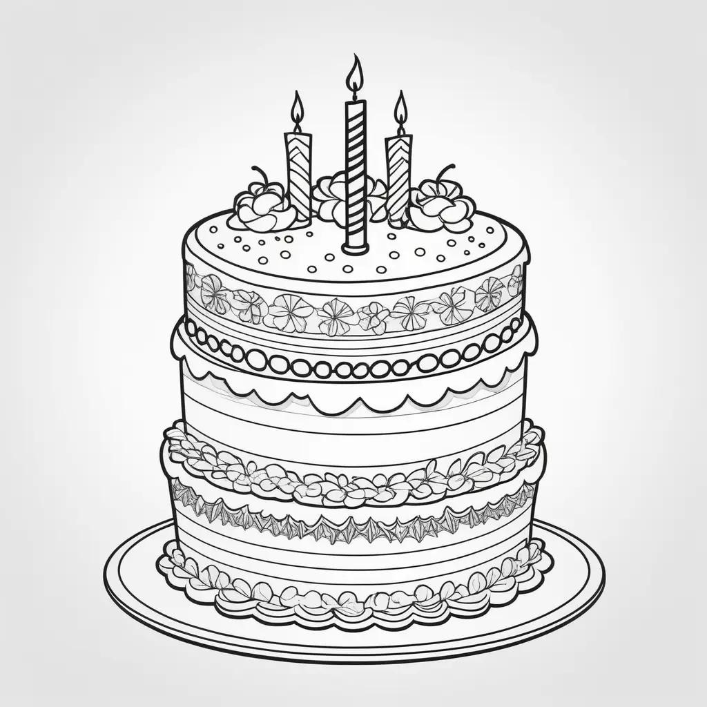 Black and white coloring pages of a birthday cake