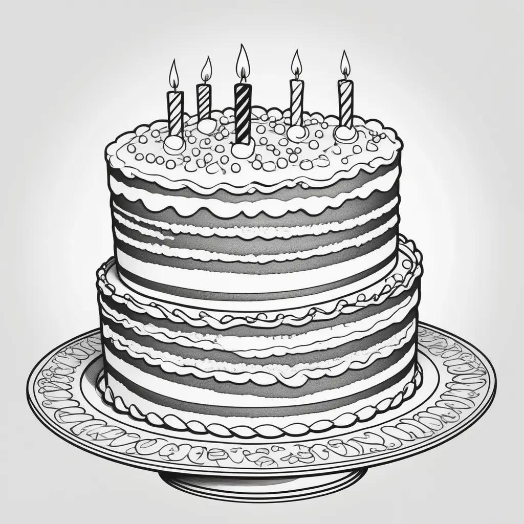 Black and white coloring pages of a birthday cake with lit candles