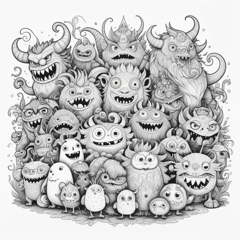 Black and white coloring pages of a bunch of monsters