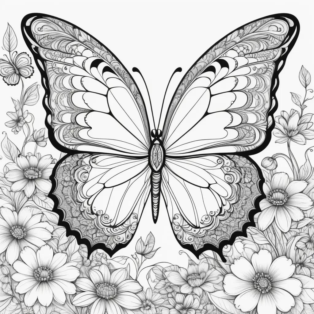 Black and white coloring pages of a butterfly and flowers