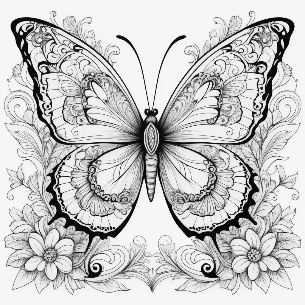 Black and white coloring pages of a butterfly with floral background