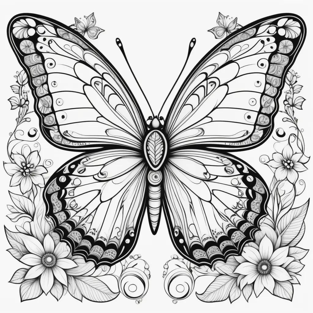 Black and white coloring pages of a butterfly with floral elements