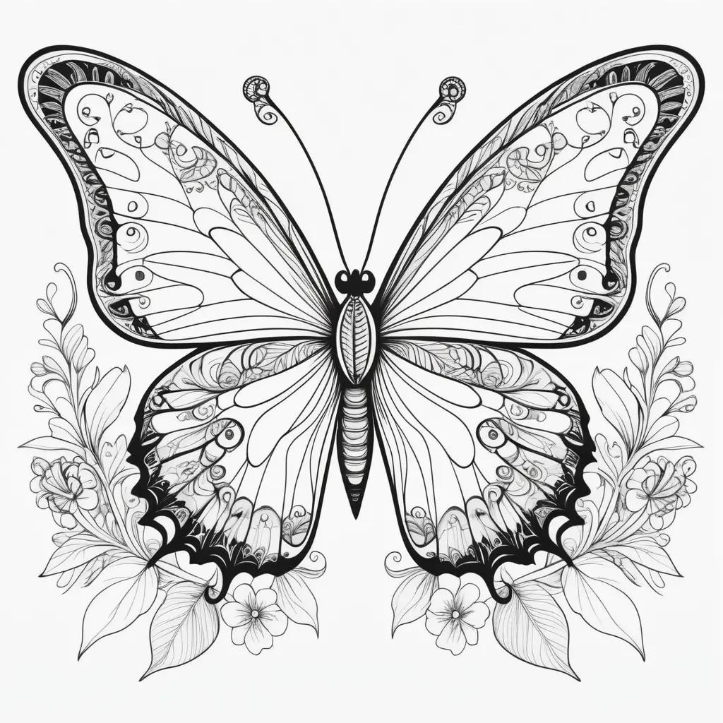 Black and white coloring pages of a butterfly with flowers