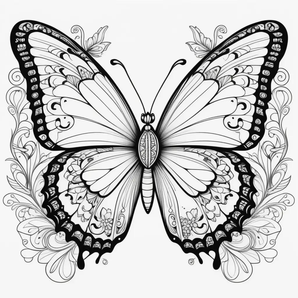 Black and white coloring pages of a butterfly with intricate details