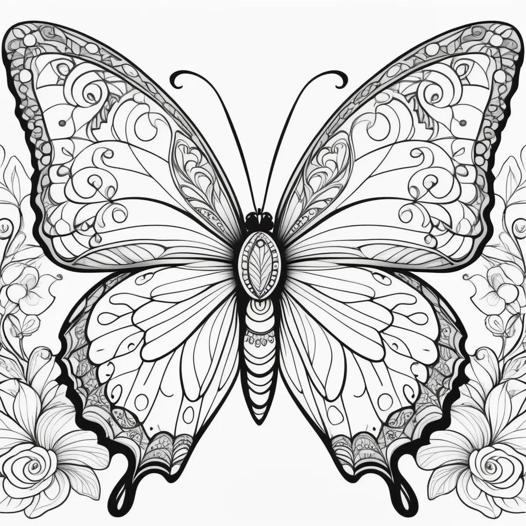 Black and white coloring pages of a butterfly with intricate details