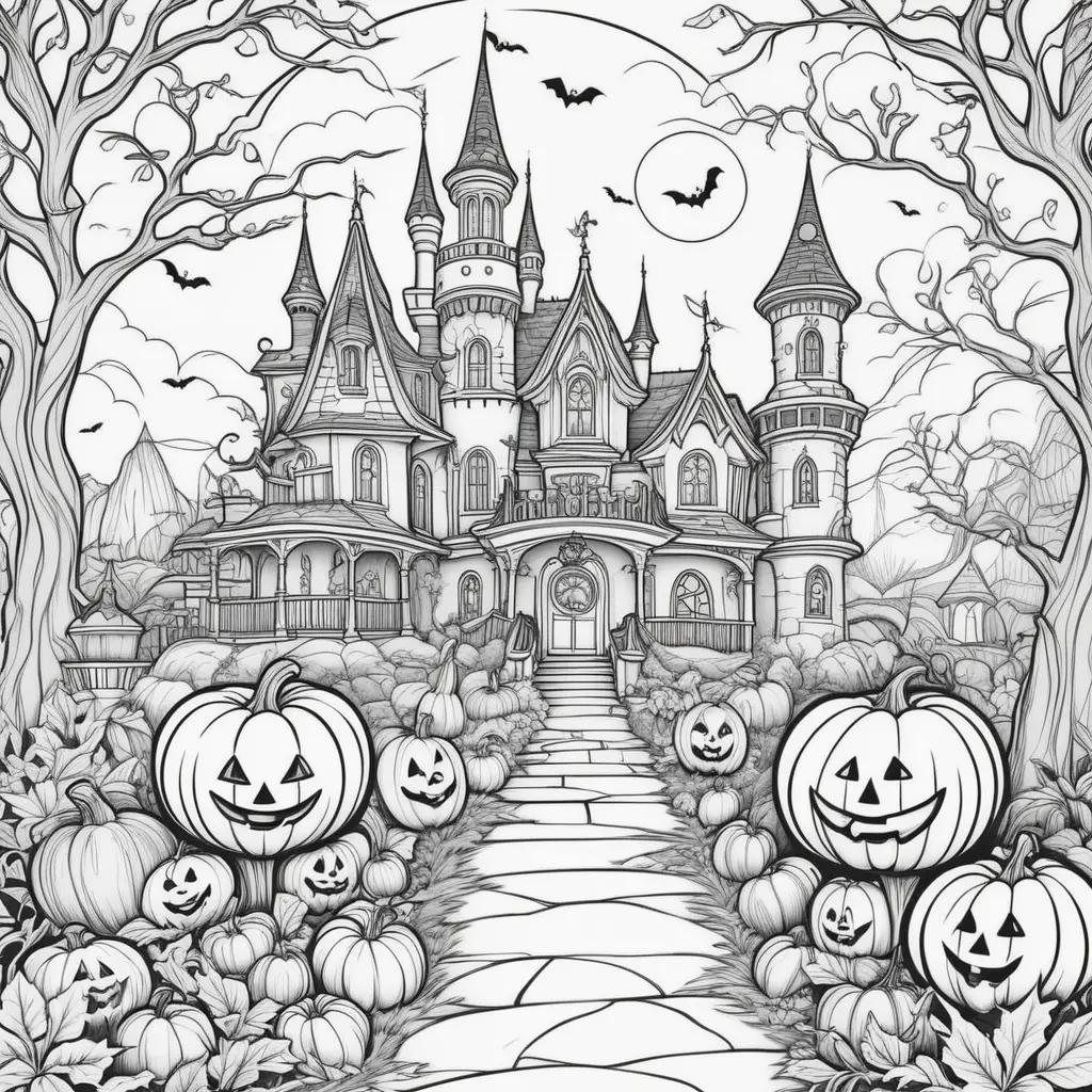 Black and white coloring pages of a castle and pumpkins