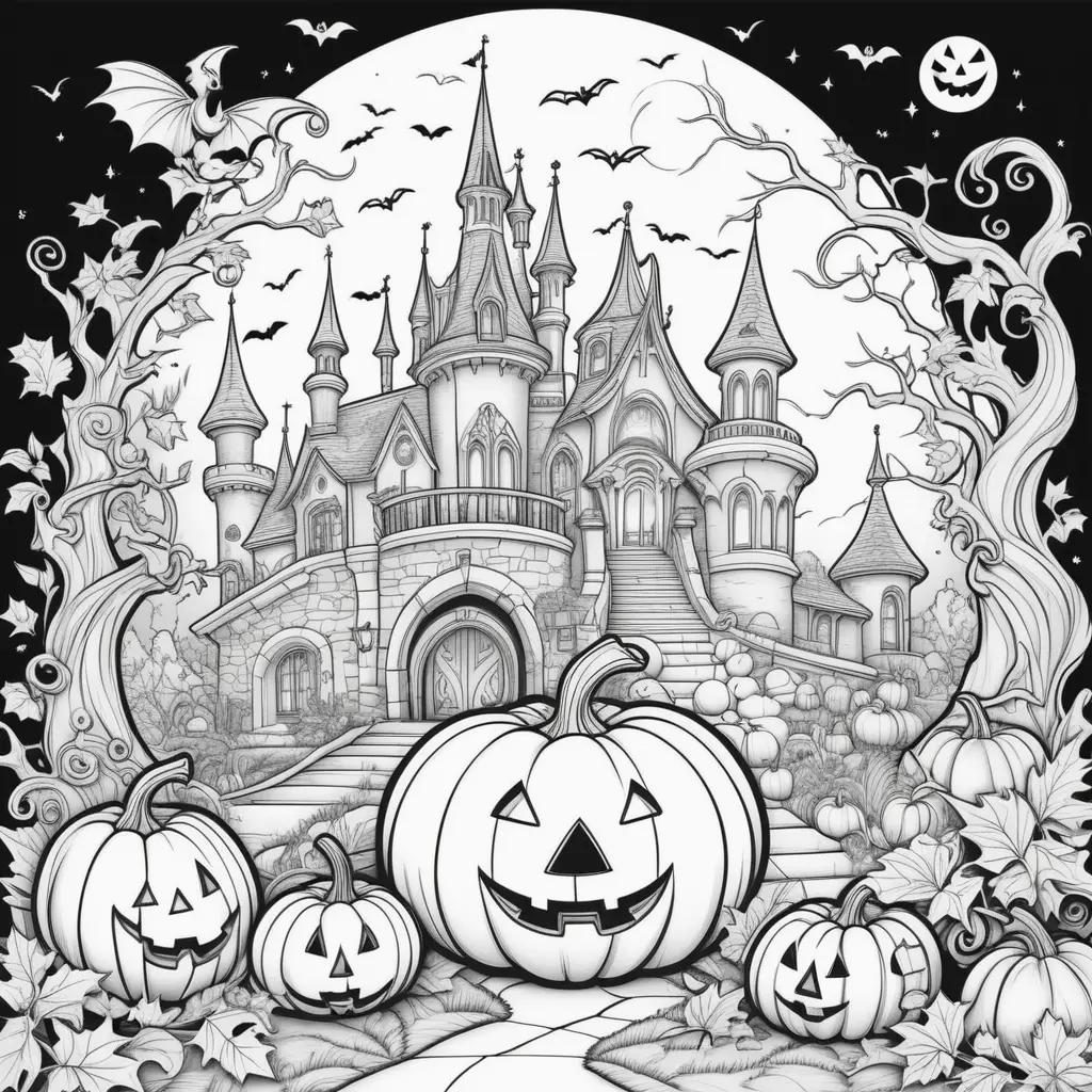 Black and white coloring pages of a castle with pumpkins and bats