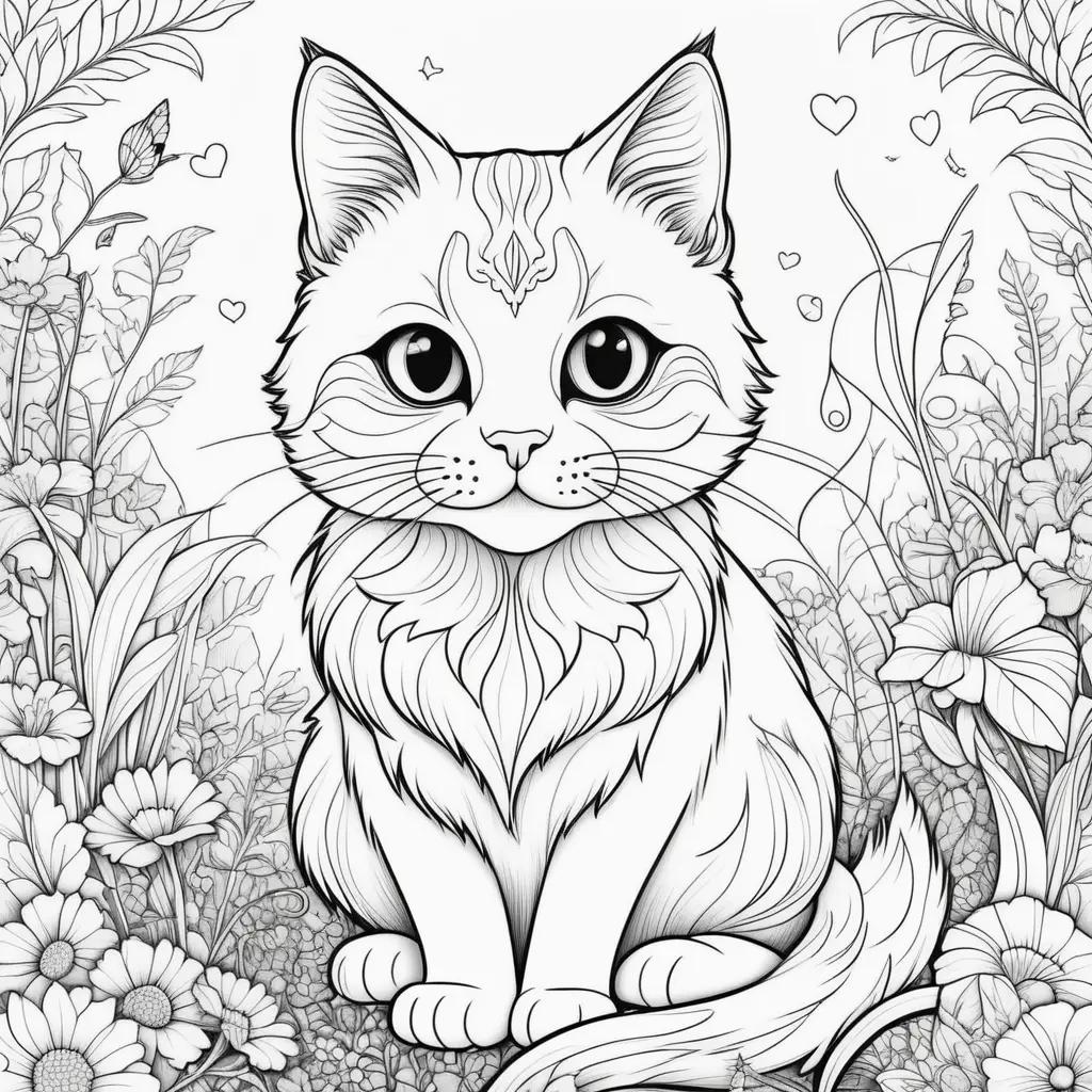 Black and white coloring pages of a cat in a flower field