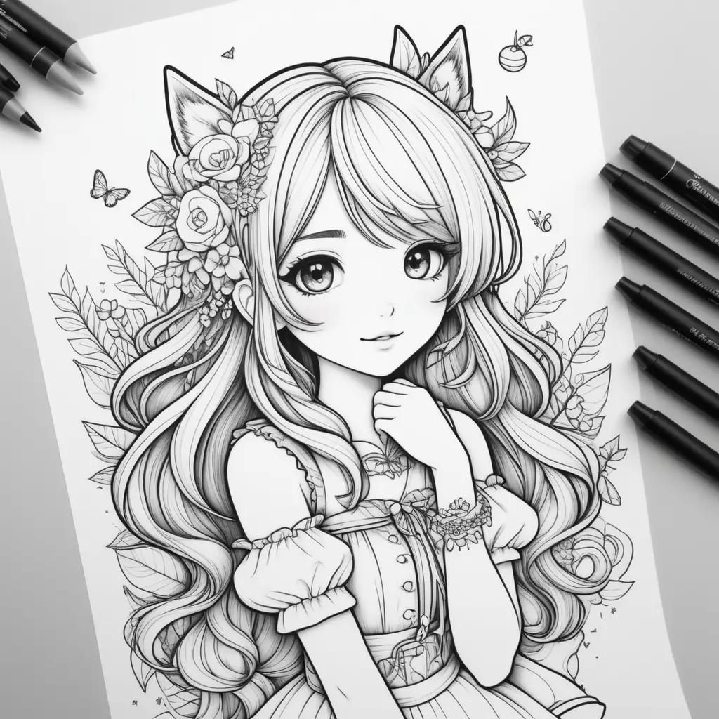 Black and white coloring pages of a cute anime girl