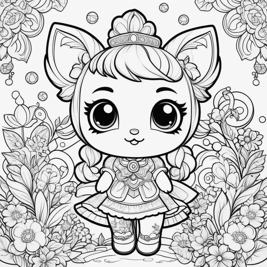 Black and white coloring pages of a cute cat with a crown and flowers