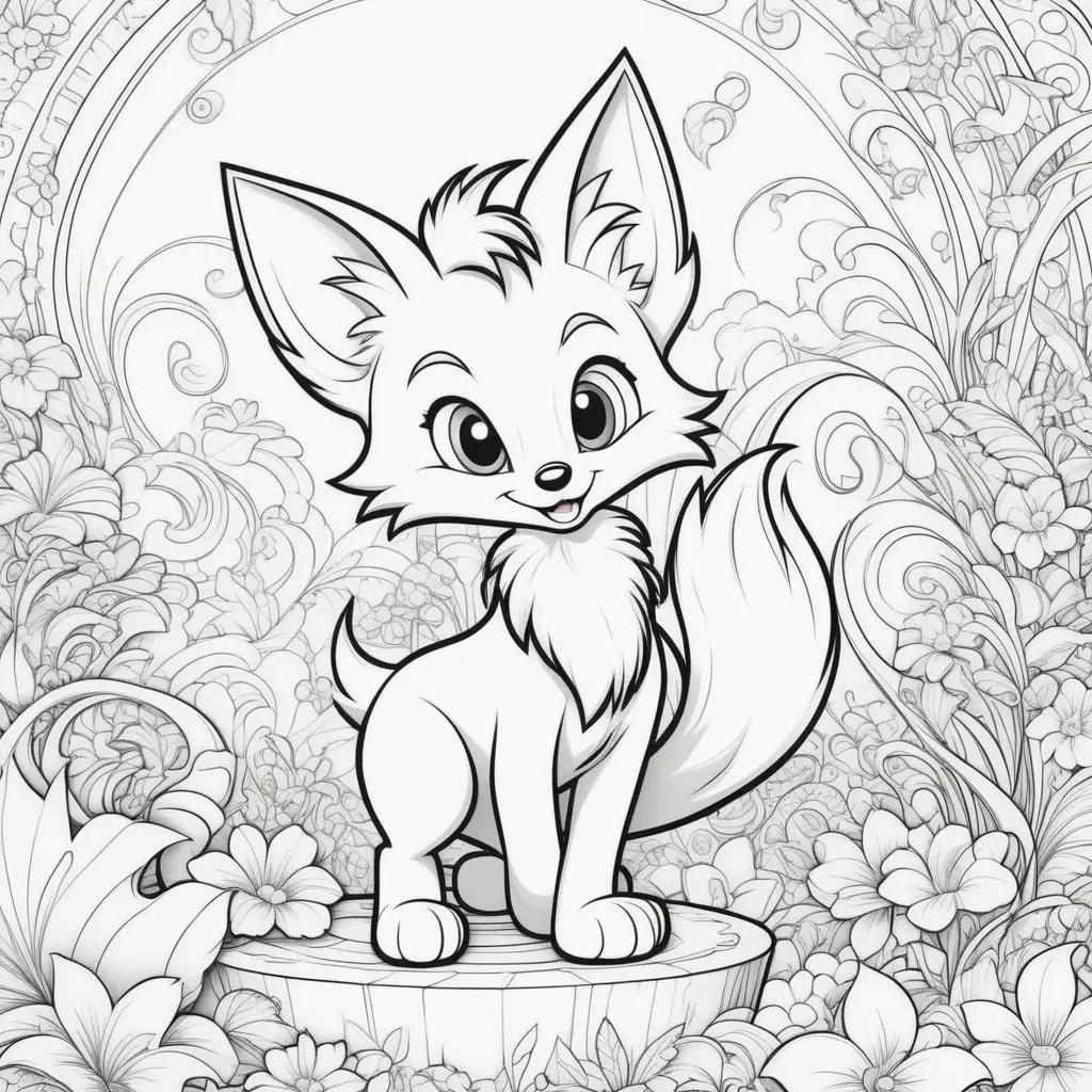 Black and white coloring pages of a cute fox with a tree trunk tail