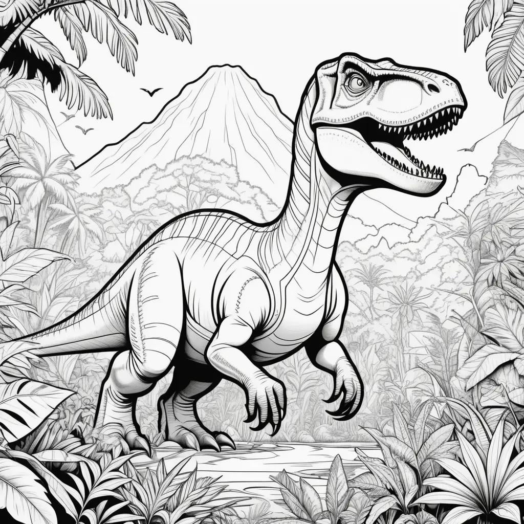 Black and white coloring pages of a dinosaur in a jungle