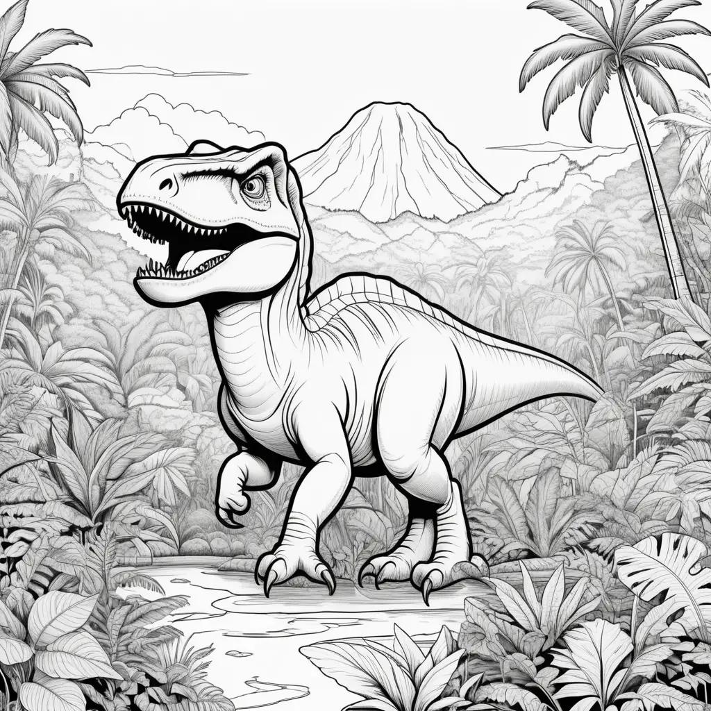 Black and white coloring pages of a dinosaur in a jungle