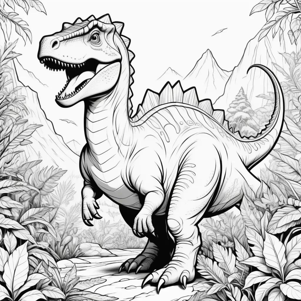 Black and white coloring pages of a dinosaur in the jungle