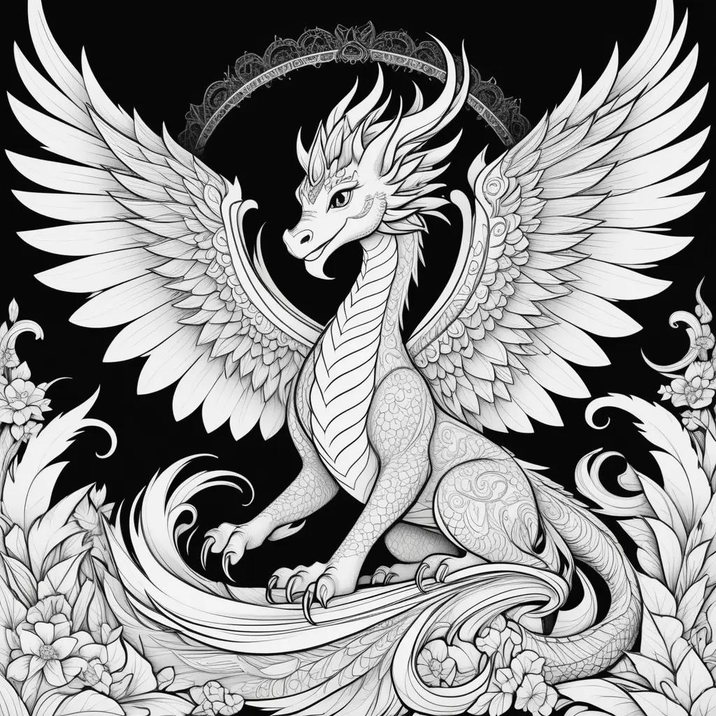 Black and white coloring pages of a dragon with wings of fire