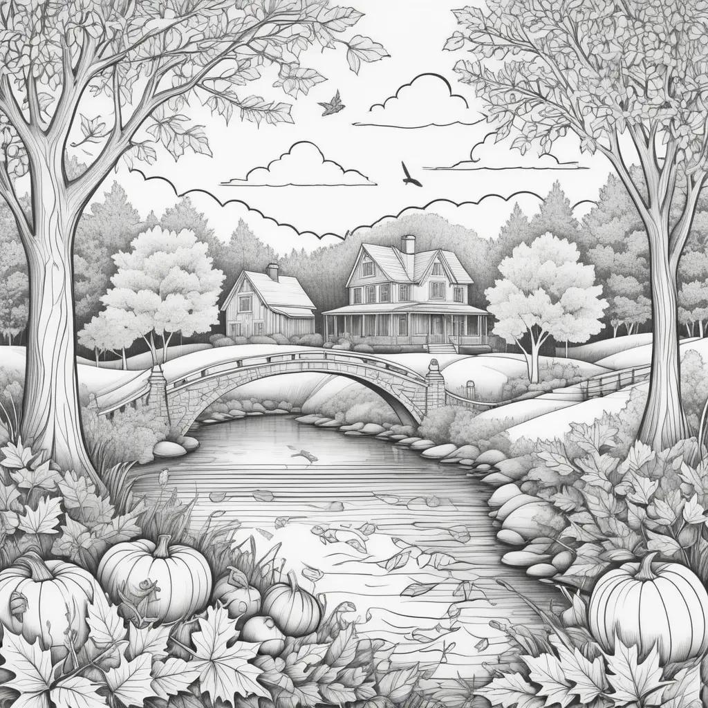 Black and white coloring pages of a fall scene with trees and bridge