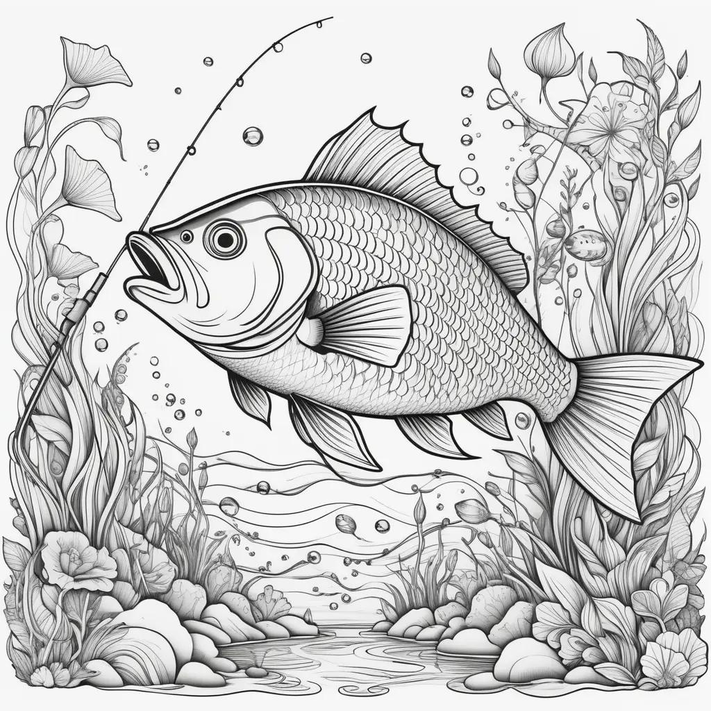 Black and white coloring pages of a fish and fishing pole