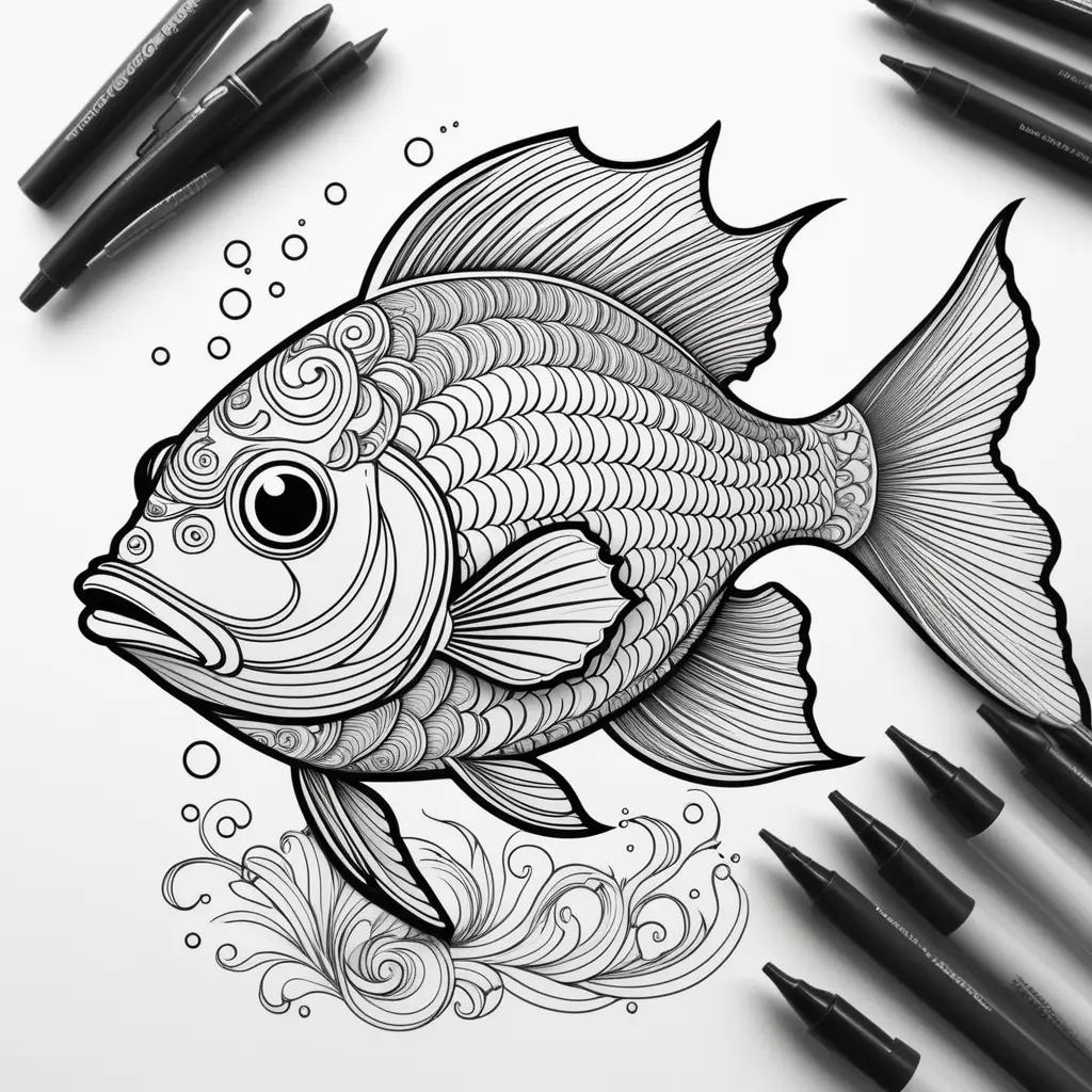 Black and white coloring pages of a fish with bubbles