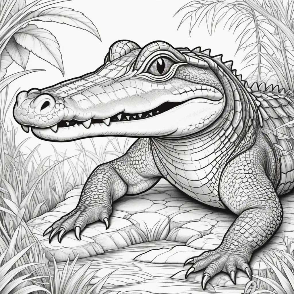 Black and white coloring pages of a gator in the grass