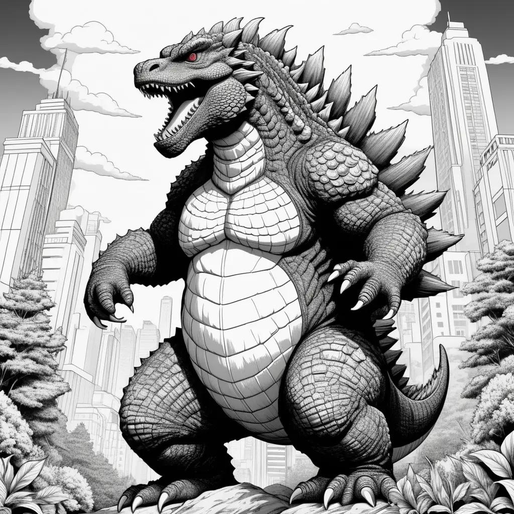 Black and white coloring pages of a giant godzilla