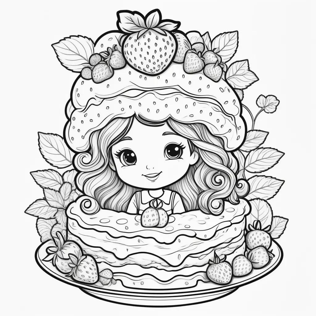 Black and white coloring pages of a girl and a strawberry shortcake