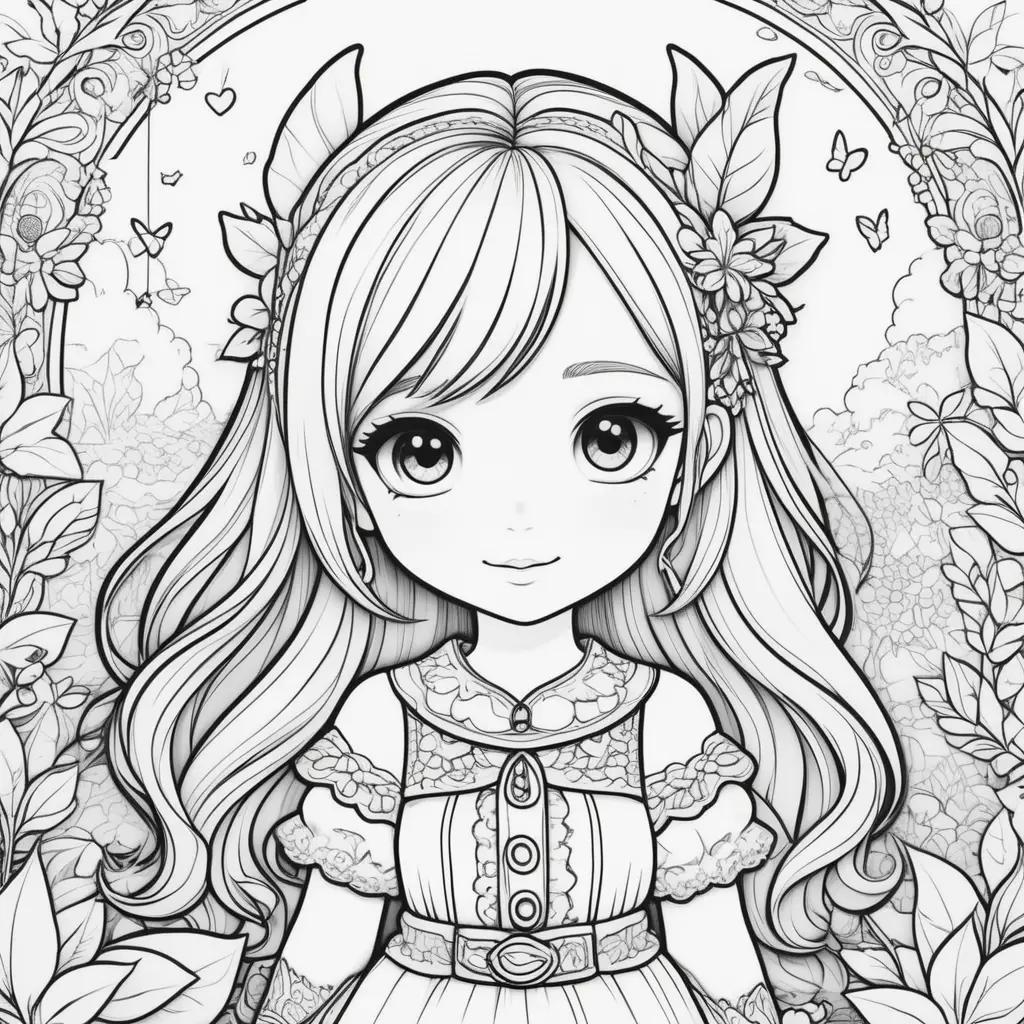 Black and white coloring pages of a girl in a gacha life style