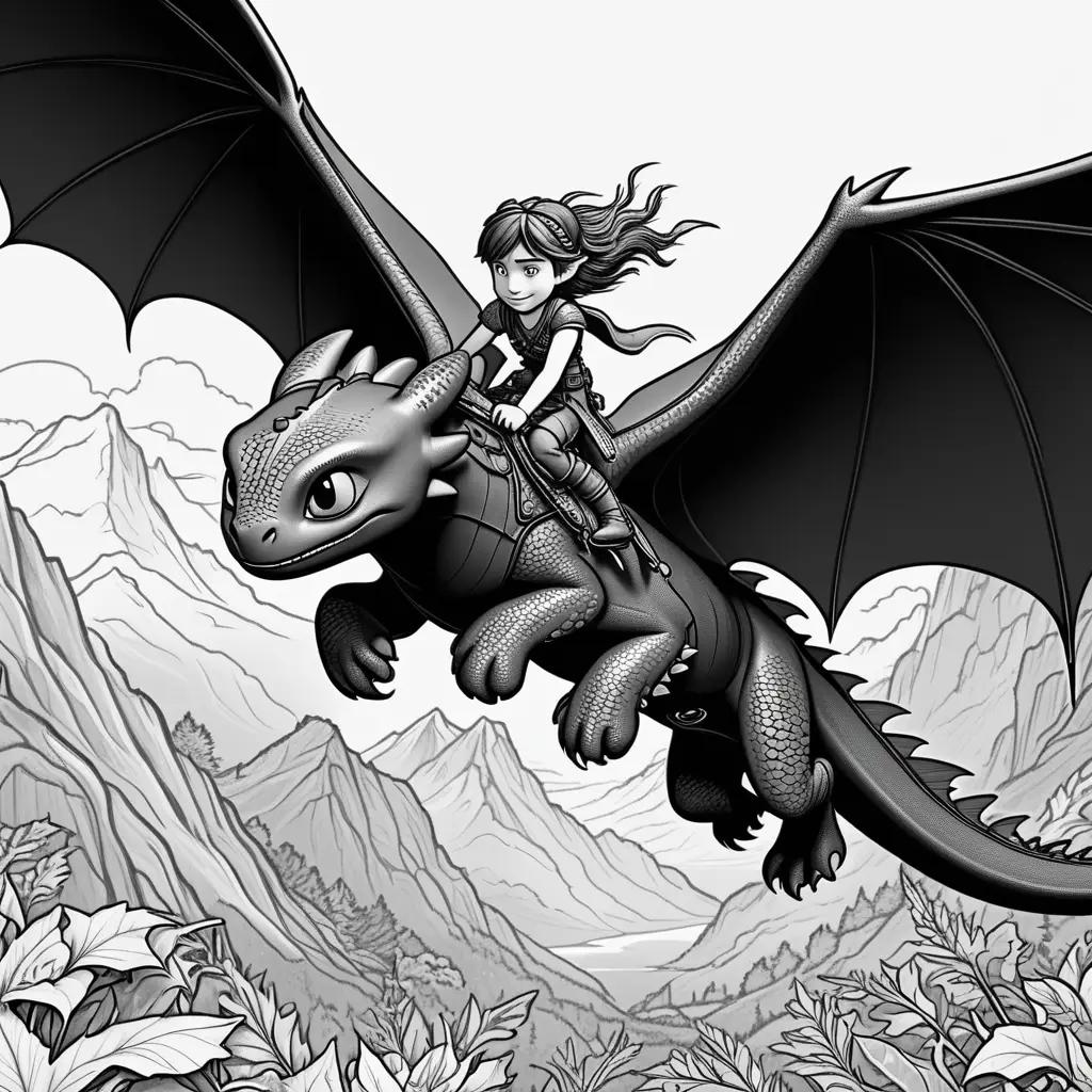 Black and white coloring pages of a girl riding a dragon