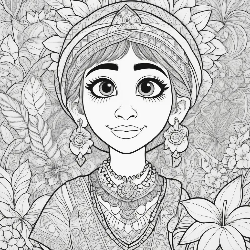 Black and white coloring pages of a girl with a flower crown