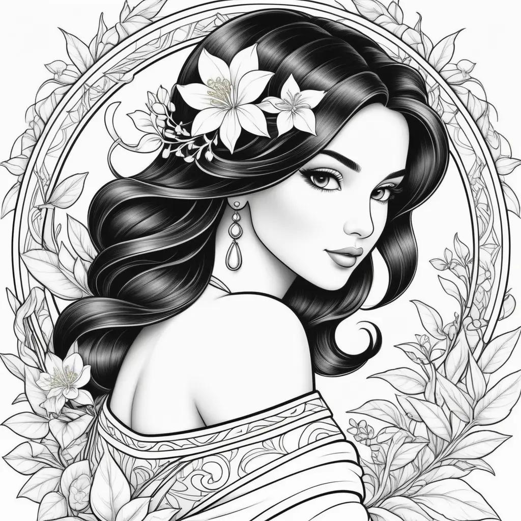 Black and white coloring pages of a girl with a flower