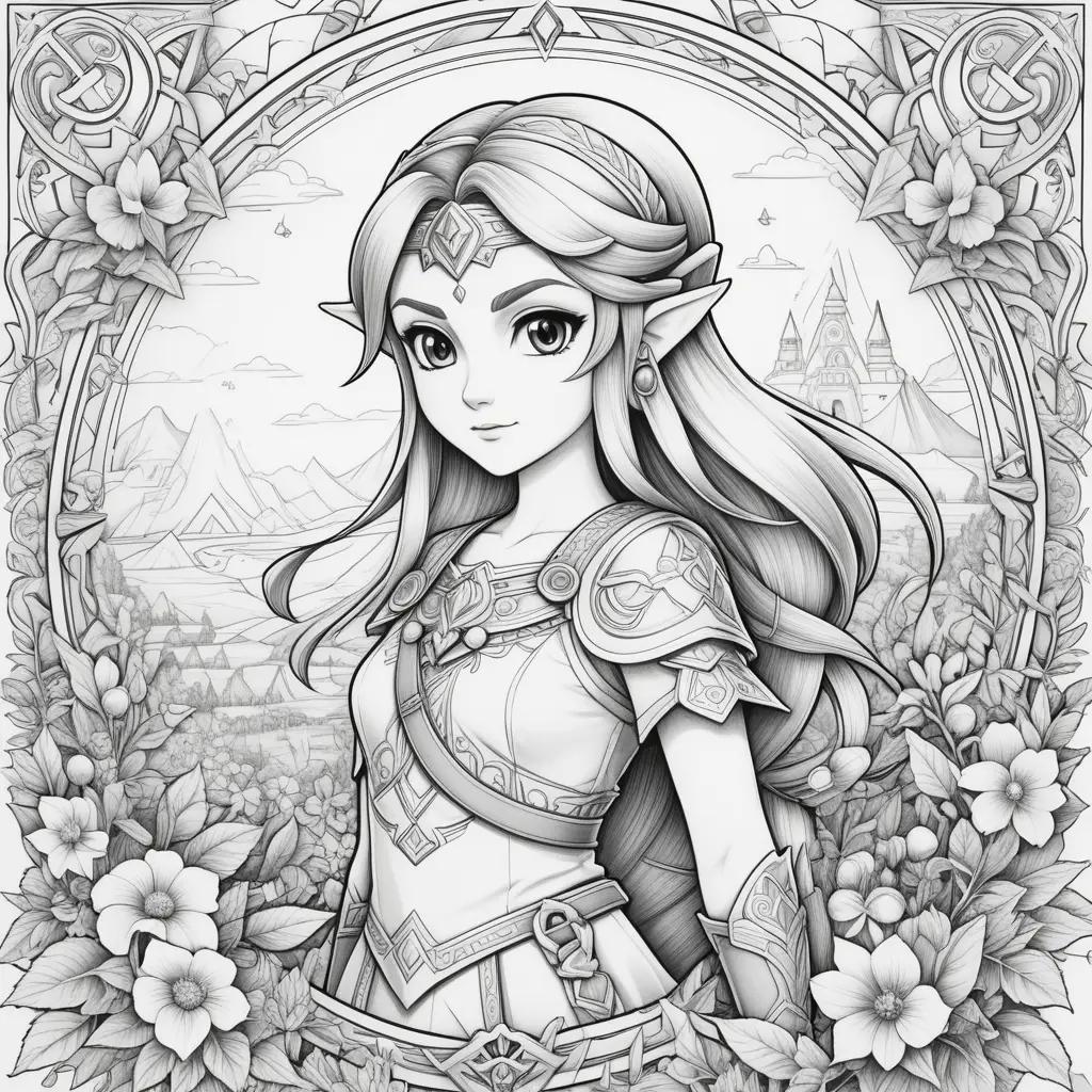 Black and white coloring pages of a girl with a sword