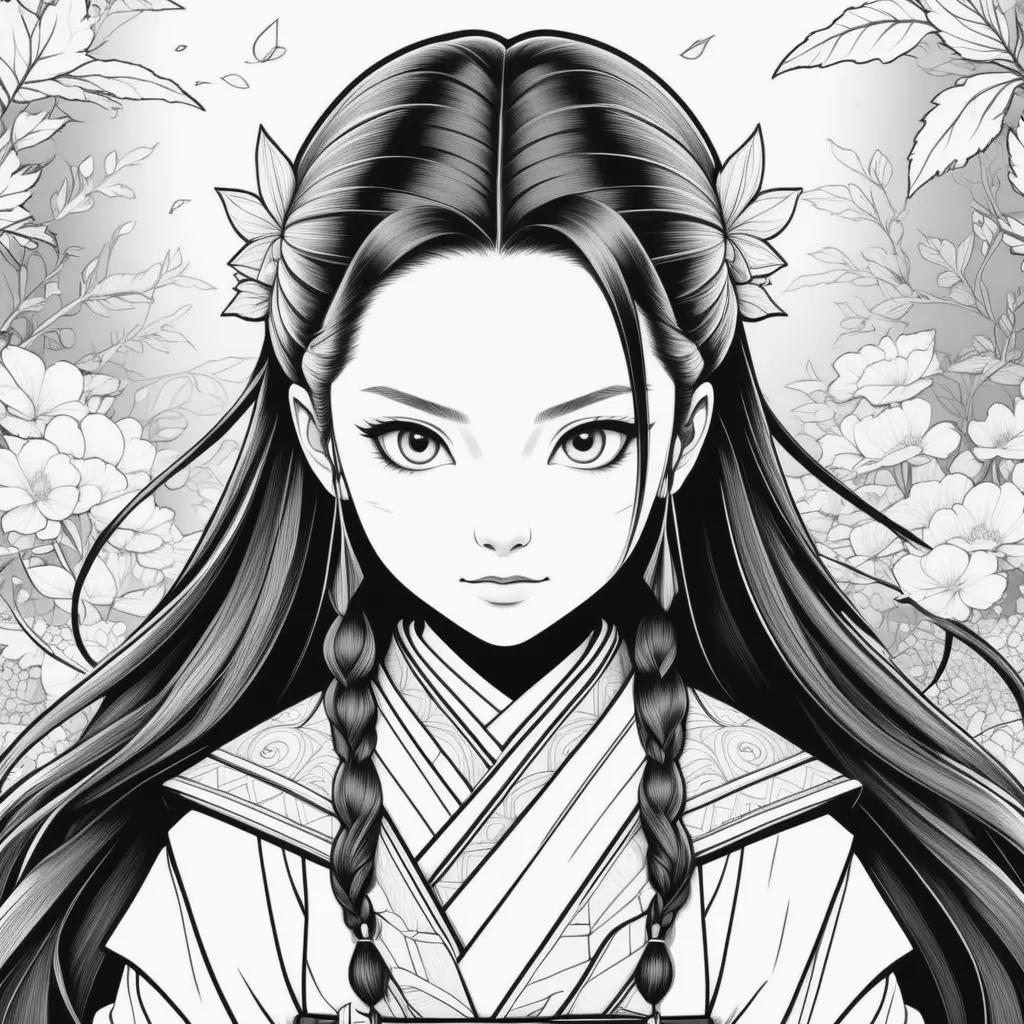 Black and white coloring pages of a girl with braids