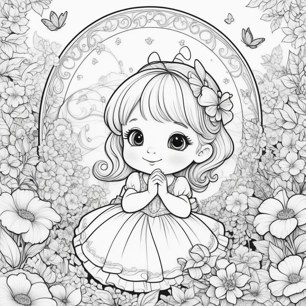 Black and white coloring pages of a girl with butterfly