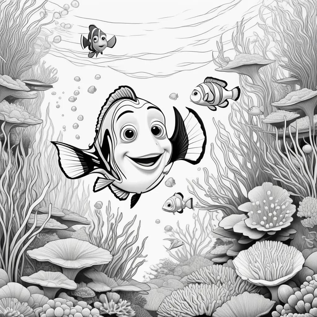 Black and white coloring pages of a happy fish in a coral reef