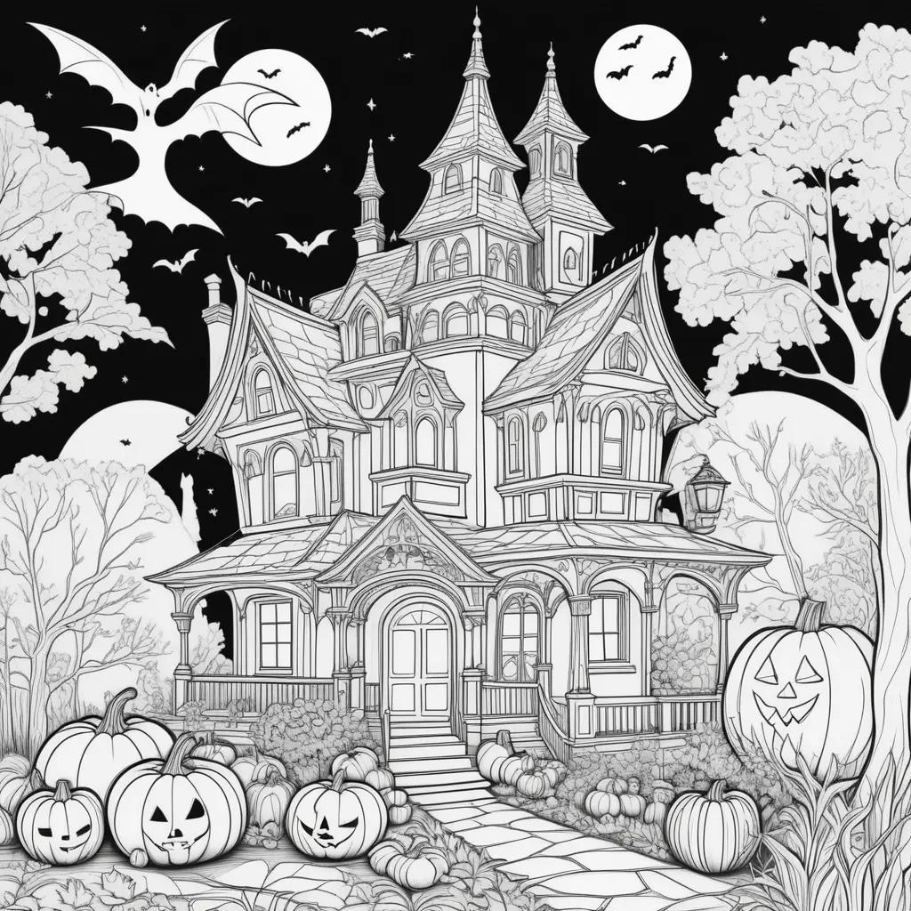 Black and white coloring pages of a haunted house with pumpkins and bats